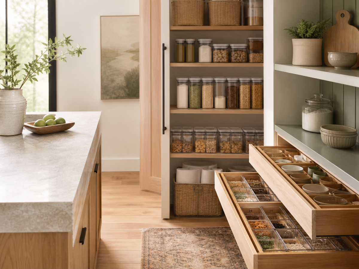 Organized kitchen pantry and drawer storage