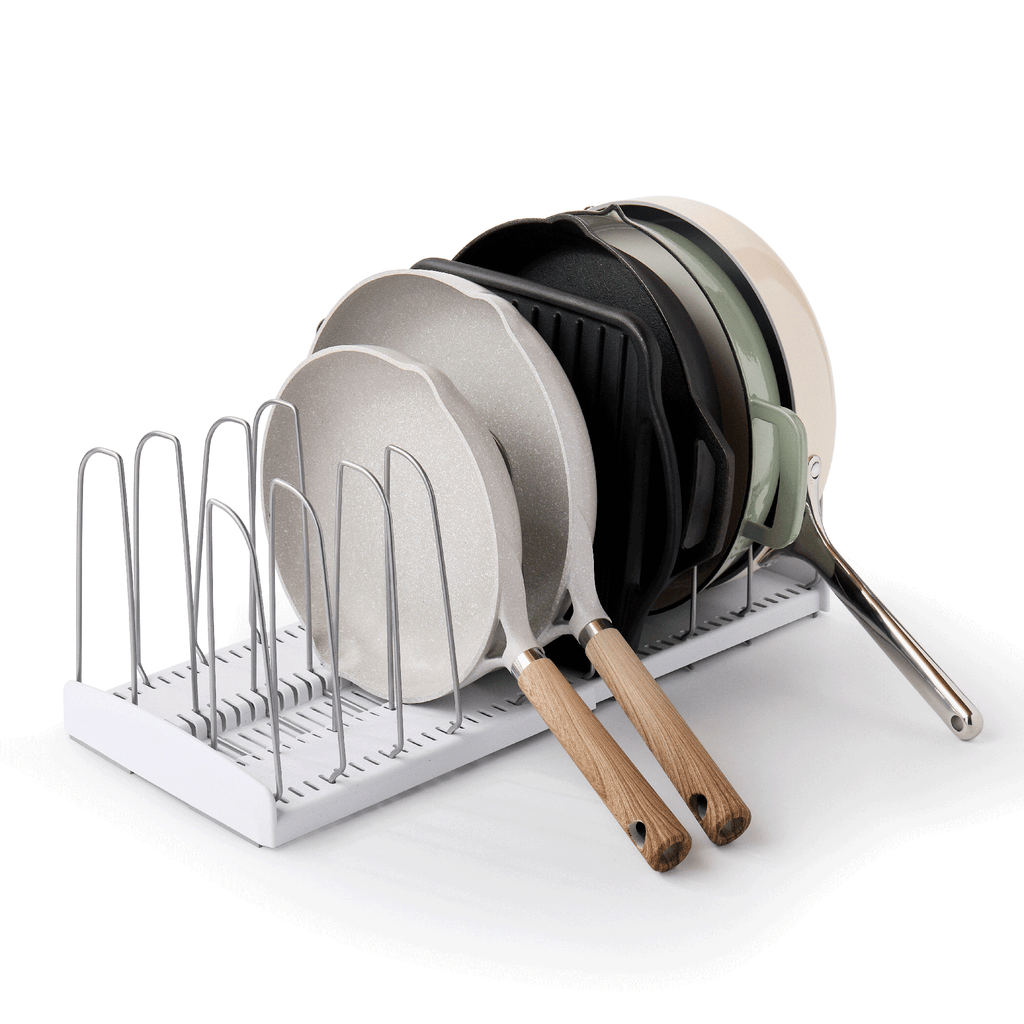 YouCopia StoreMore speckled-white expandable cookware rack, front view