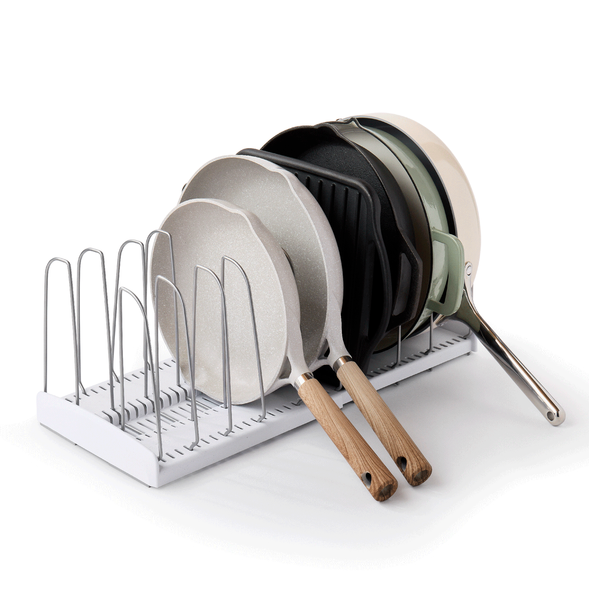 YouCopia StoreMore speckled-white expandable cookware rack, front view