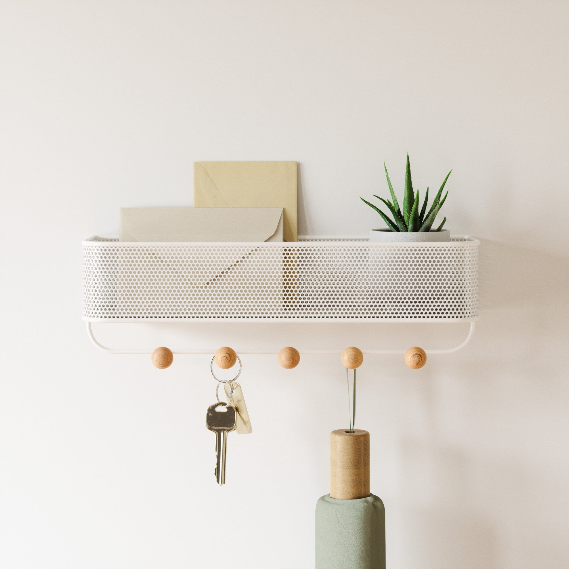 Umbra Estique white-natural entryway organizer mounted front view