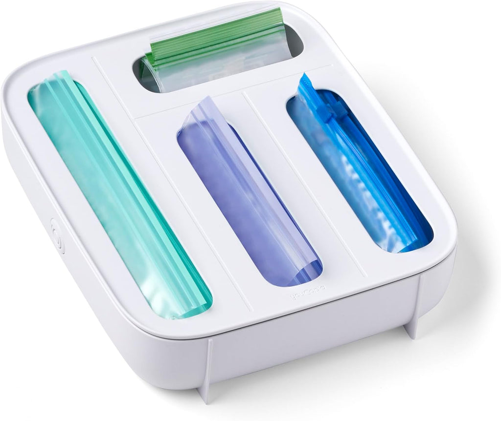 White YouCopia StoraBag four-slot food-bag dispenser on white background