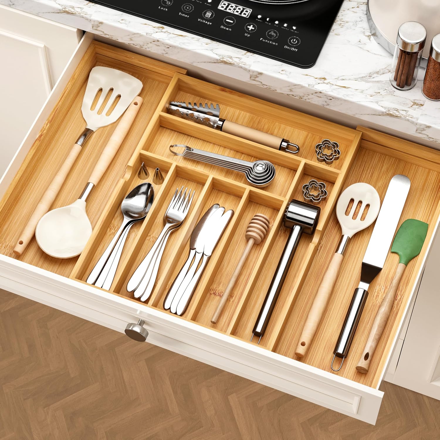 BAMEOS bamboo expandable utensil organizer installed in a drawer