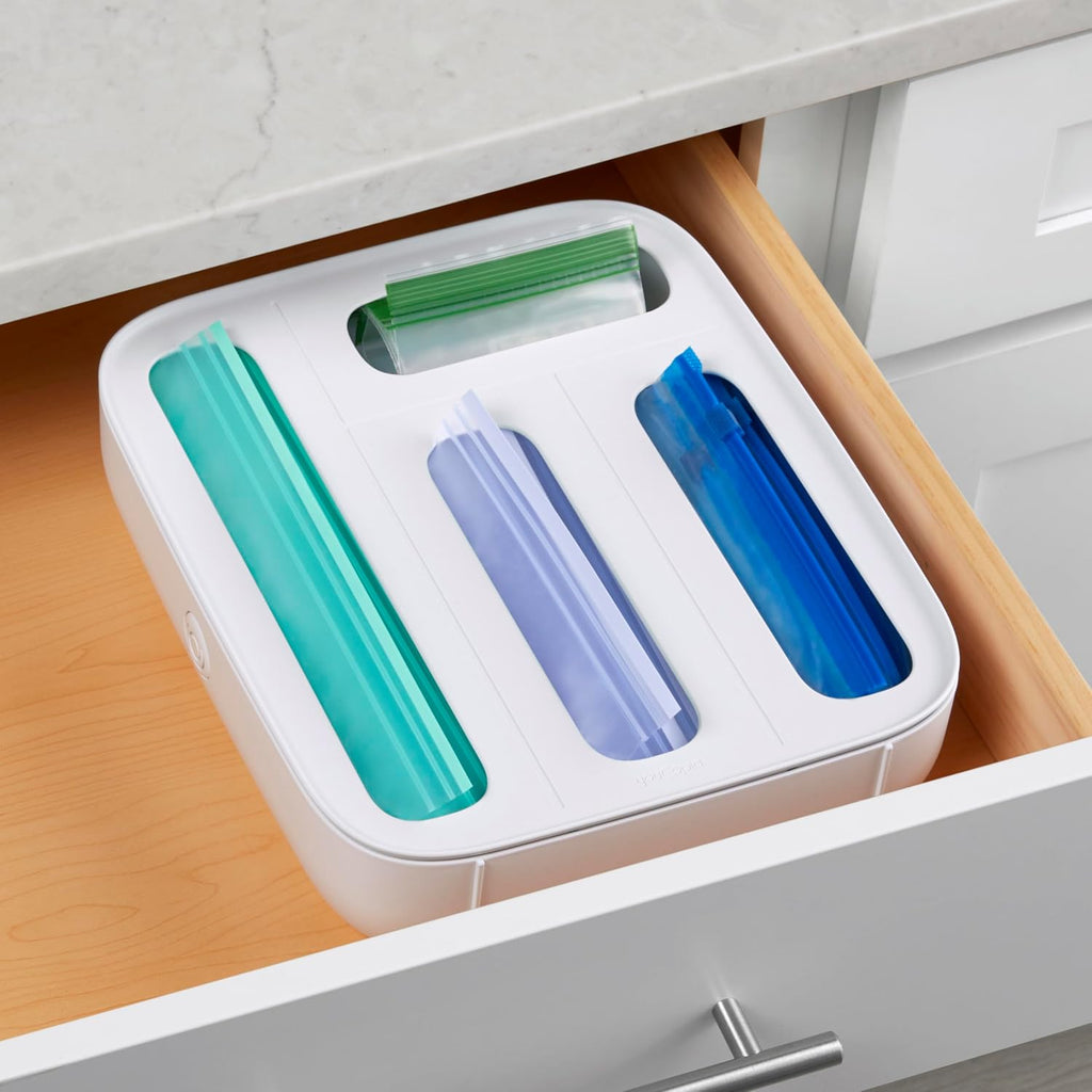 White YouCopia StoraBag dispenser shown in drawer use