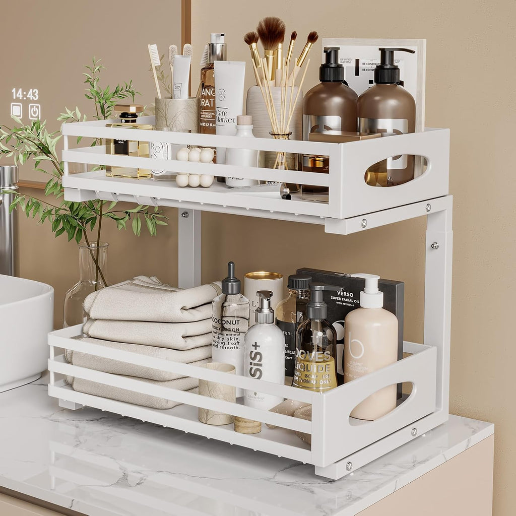 mixeshop white under-sink organizer sliding from cabinet