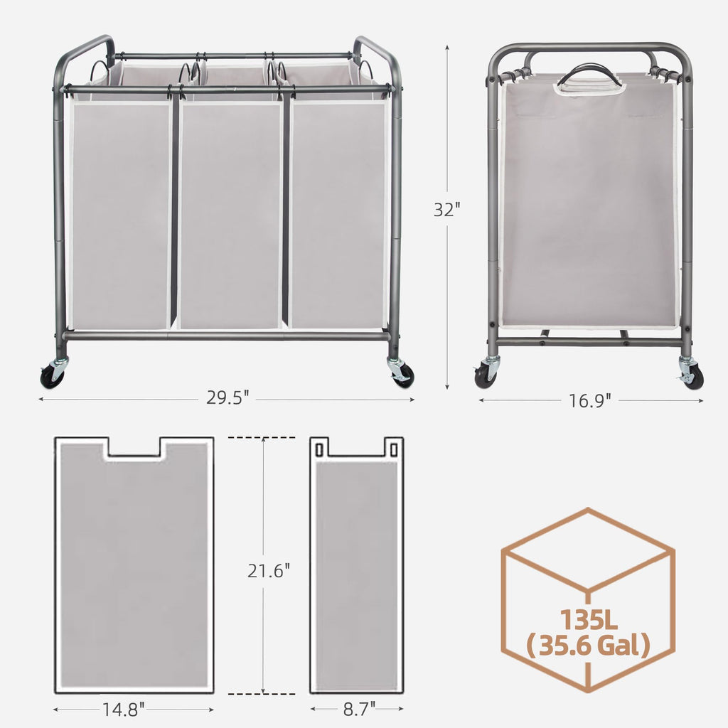 Gray STORAGE MANIAC laundry sorter front and dimensions view