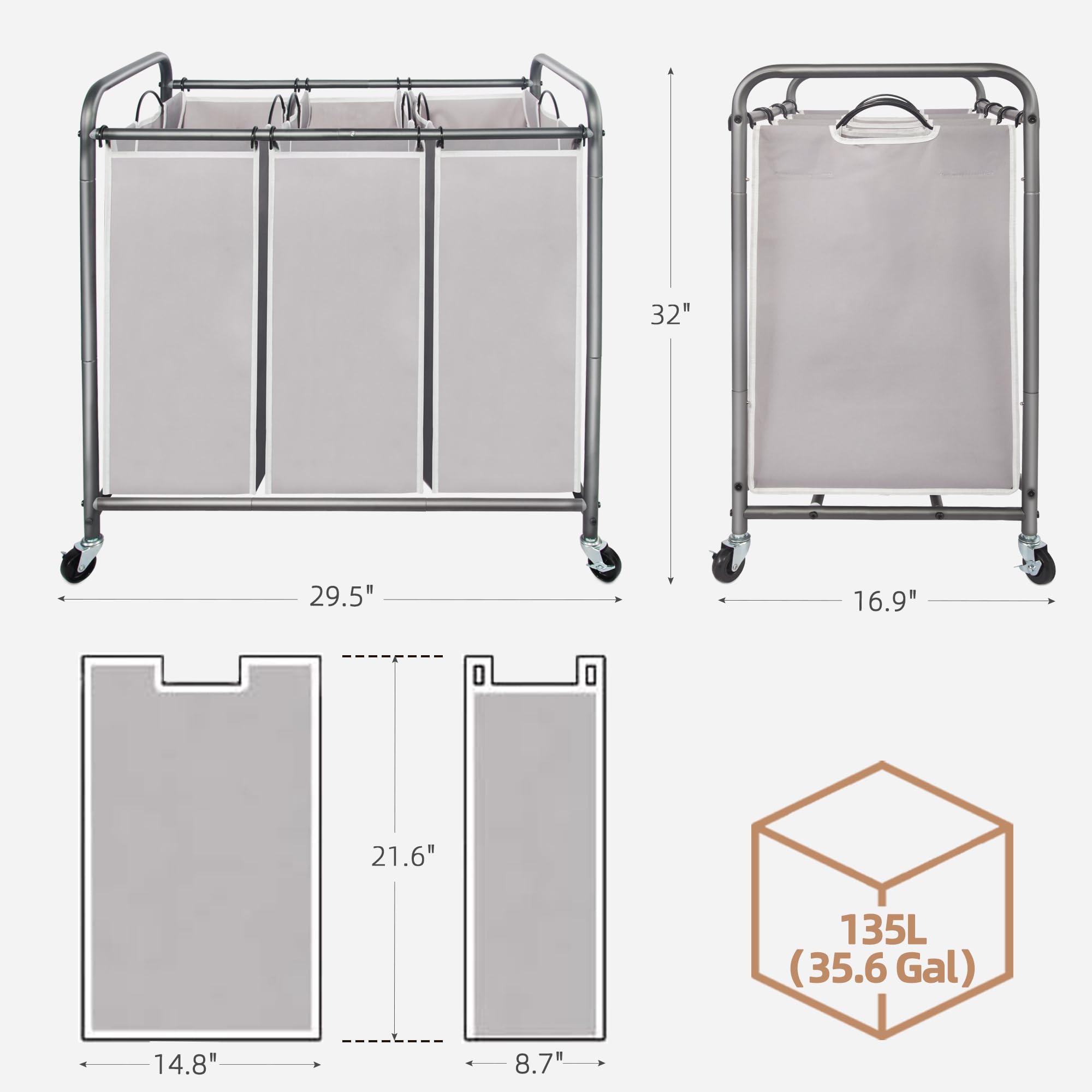 Gray STORAGE MANIAC laundry sorter front and dimensions view