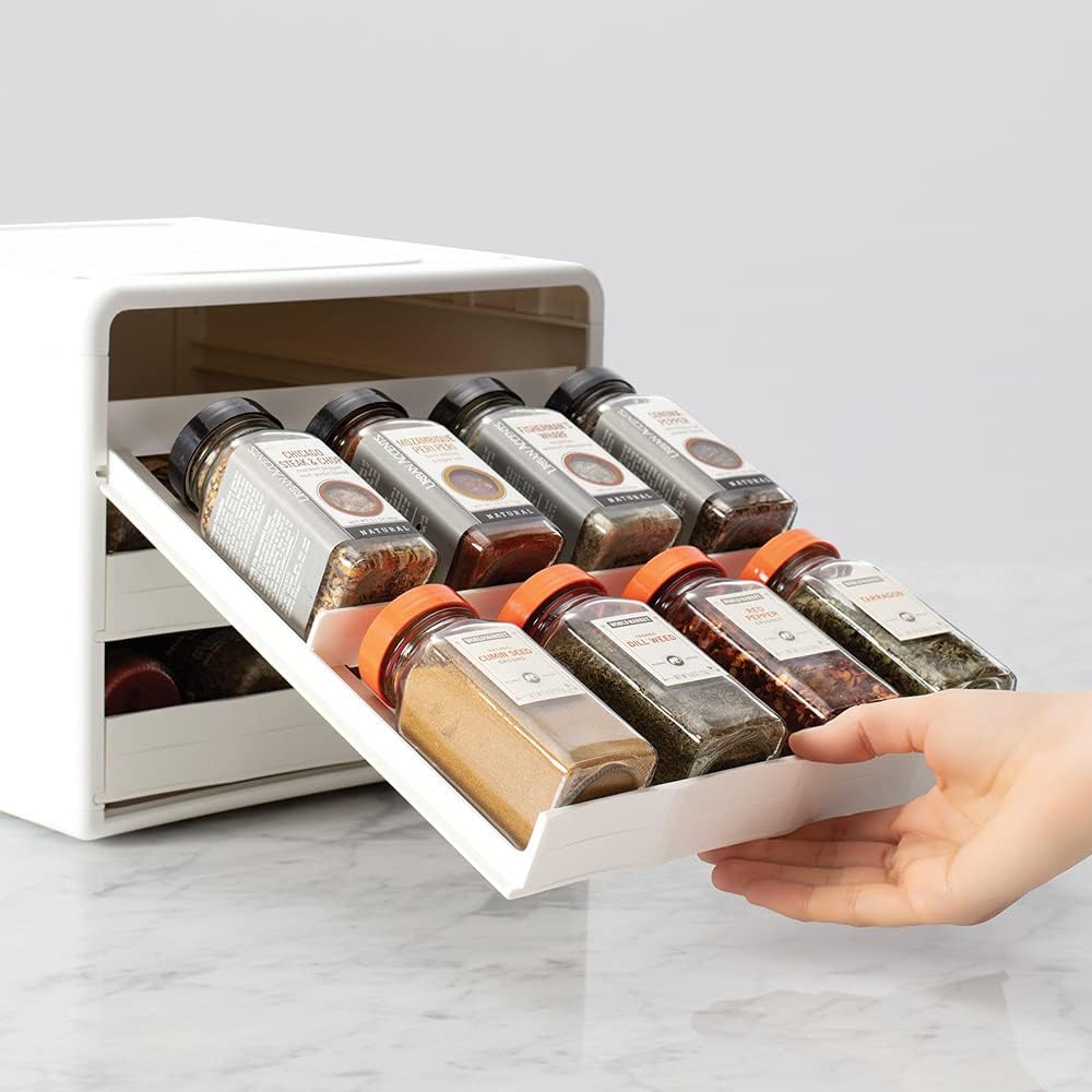 YouCopia white SpiceStack organizer shown in cabinet use