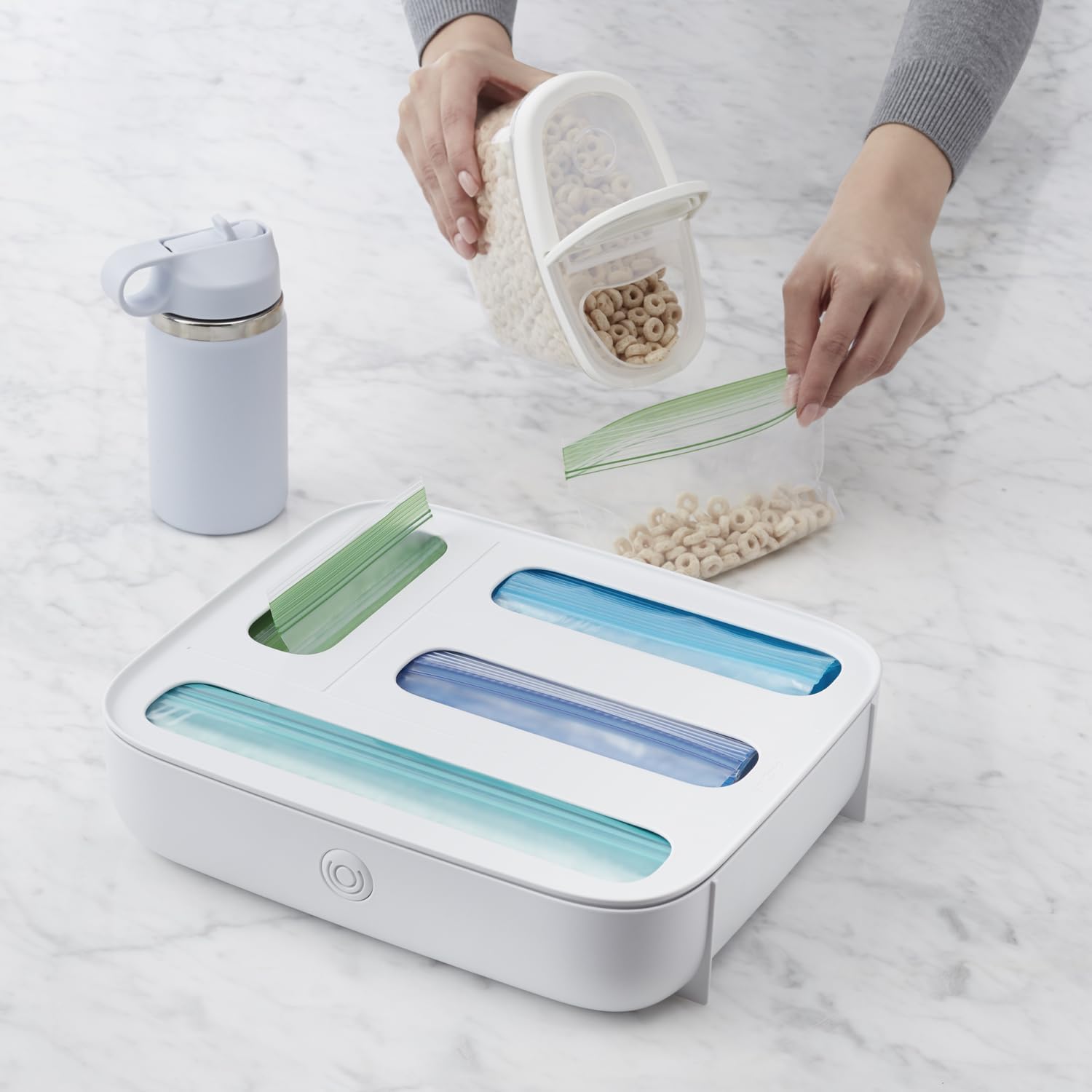 White YouCopia StoraBag dispenser in kitchen use