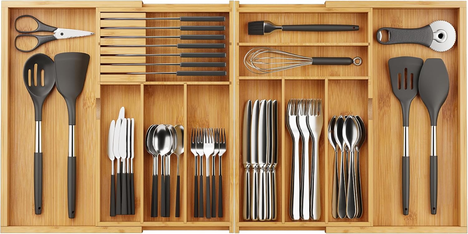 BAMEOS bamboo utensil organizer shown in drawer use