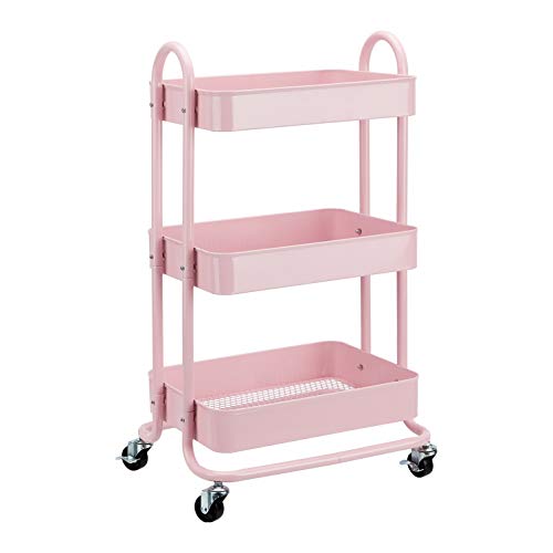 Dusty-pink Amazon Basics three-tier rolling utility cart, front view