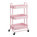 Dusty-pink Amazon Basics three-tier rolling utility cart, front view