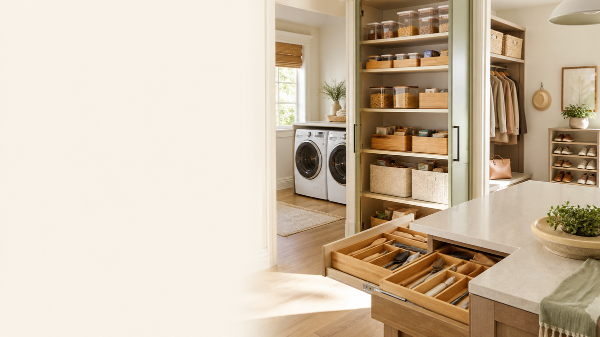Warm organized home interior spanning kitchen, laundry, and closet storage